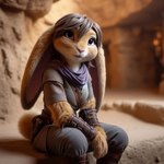 anthro brown_hair clothed clothing desert female fur grey_clothing hair long_ears looking_at_viewer purple_eyes smile solo tan_body tan_fur omgechounknown lagomorph leporid mammal rabbit