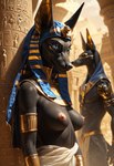 anthro armwear black_body black_fur blue_eyes breasts clothed clothing egypt egyptian egyptian_clothing egyptian_headdress female fur male nipples pony_diffusion_(model) topless topless_female cattorihanzo anubis canid canine canis deity jackal mammal hi_res