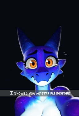 anthro black_background blue_body bodily_fluids breasts cosmic_body crying eyelashes female horn humor looking_at_viewer multicolored_body mythology non-mammal_breasts nude orange_eyes sad scales selfie simple_background solo tears text colossal_exhoost_fume dragon kobold mythological_creature mythological_scalie scalie english_text hi_res portrait