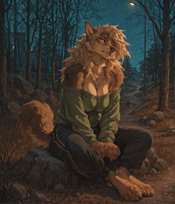 anthro bored_expression clothed clothing crossed_legs female paws plant sitting solo thinking tree tsavo audrey_(disambiguation) canid canine mammal werecanid werecanine werecreature werewolf