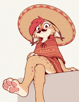 anthro clothing fake_mustache female hair hat headgear headwear mexican red_hair sombrero verbotenvertex frankie_foster felid feline lynx mammal hi_res