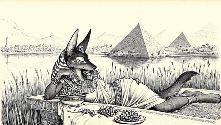 armlet biped bowl bracelet breasts building city cityscape clothed clothing container detailed_background dress ear_piercing egyptian egyptian_clothing egyptian_headdress eyes_closed female food fruit fur furniture grape headdress headgear headwear jewelry lying necklace on_side outside piercing plant pose pyramid river smile solo tail water unknown_director anubian_jackal canid canine canis deity jackal mammal hatching_(art) hi_res monochrome shaded traditional_media_(artwork)