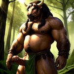 anthro body_hair bottomwear bottomwear_aside bovid bovine chest_hair clothing clothing_aside forest genitals hi_res horn humanoid loincloth loincloth_aside male mammal musclegut nipples outdoors outside penis plant pup_tobey solo tauren tree vein veiny_penis world_of_warcraft