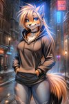 anthro banal_fissure black_nose blue_eyes canid canine city city_background collar female fox hair hi_res mammal mike_(twokinds) multicolored_body orange_body orange_hair solo solo_focus two_tone_body twokinds white_body