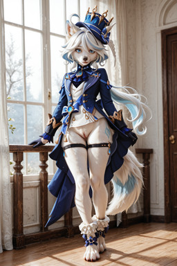 anthro bottomless clothed clothing door dress female genitals hat headgear headwear inside looking_at_viewer paws pussy solo denis0k genshin_impact arctic_fox canid canine fox mammal hi_res