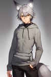 animal_humanoid canid canid_humanoid canine canine_humanoid clothing disappointed_expression fox fox_ears fox_humanoid fox_tail fuji_shatterflame grey_ears grey_tail hoodie humanoid male mammal mammal_humanoid solo topwear yellow_eyes