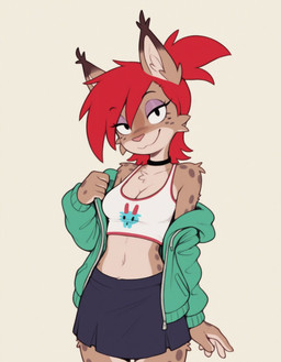 bedroom_eyes bottomwear bra choker clothed clothing eyeliner female hair hoodie jewelry makeup narrowed_eyes necklace off_shoulder red_hair seductive skirt sports_bra topwear underwear verbotenvertex frankie_foster felid feline lynx mammal hi_res