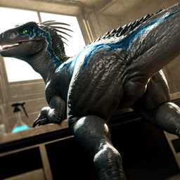animal_genitalia bedroom_eyes blue_highlights blurred_background claws cloaca crossed_arms dust female feral genitals green_sclera highlights_(coloring) inviting_to_sex laboratory looking_back narrowed_eyes presenting pubic_boot pupils seductive sharp_teeth slit_pupils solo teeth thick_thighs tongue pleasedontlook blue_(jurassic_world) dinosaur dromaeosaurid reptile scalie theropod hi_res