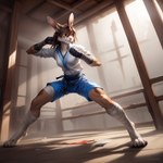 anthro bandage belt black_belt bottomwear brown_body brown_fur brown_hair chest_tuft clothed clothing dojo female fighting_pose fur gloves grey_eyes hair handwear inside lagomorph leporid mammal martial_arts_uniform neutron_alchemist pose rabbit shorts solo sportswear standing tuft