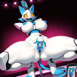 4_fingers anthro armless big_breasts big_ears black_body blue_body blue_ears blue_hair blue_nipples blue_pussy blue_tail blue_tongue blush bodily_fluids breasts butt cellphone clitoral_hood clitoris crouching cyanotic_epithelium empty_eyes feet female fingers floating_hands flying_sweatdrops fur genitals hair hands_above_head leaning leaning_back looking_at_viewer looking_down low-angle_view machine nervous_smile nipples nude offscreen_character open_mouth open_smile phone pink_background pole presenting presenting_pussy pussy raised_hand recording sharp_teeth simple_background small_waist smartphone smile solo spread_legs spread_pussy spreading stage stage_curtains stage_lights strip_club stripper stripper_pole sweat sweatdrop tail teeth thick_thighs tongue white_body white_fur wide_hips yellow_eyes anonymous_director deltarune undertale_(series) tasque_manager darkner felid feline mammal robot hi_res