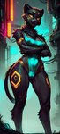 absurd_res anthro black_body bodysuit breasts camel_toe cleavage clothed clothing crossed_arms cyberpunk dimpus erect_nipples felid female hi_res mammal markings nipple_outline nipples pantherine skinsuit solo tezca_(potca) tight_clothing