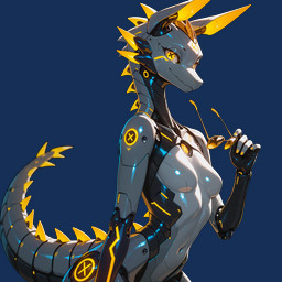 anthro breasts colored_fingernails colored_nails ears_up eyewear featureless_breasts female fingernails glasses glowing glowing_eyes glowing_markings glowing_spikes looking_at_viewer machine markings nails navel nostrills pupils robot_joints robotic robotic_arms robotic_body simple_background solo spiked_tail spikes spikes_(anatomy) sunglasses unusual_pupils yellow_eyes yellow_spikes whigwham e6ai mascot_2025 kobold robot robot_anthro scalie absurd_res hi_res