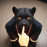 amber_eyes anthro black_body black_clothing black_fur black_nose black_shirt black_topwear boop clothing fur glowing high-angle_view inner_ear_fluff jewelry kneeling looking_up_at_viewer shirt solo topwear tuft whiskers wood_floor ilmpbx felid mammal pantherine hi_res