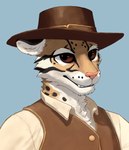 anthro blue_background brown_eyes button_(fastener) chest_tuft clothing cowboy_hat fangs fur grin hat headgear headwear looking_at_viewer male multicolored_body multicolored_fur no_sclera pink_nose shirt simple_background smile solo tan_body tan_fur topwear tuft vest white_clothing white_shirt white_topwear nelepus felid feline leopardus mammal ocelot bust_portrait hi_res portrait