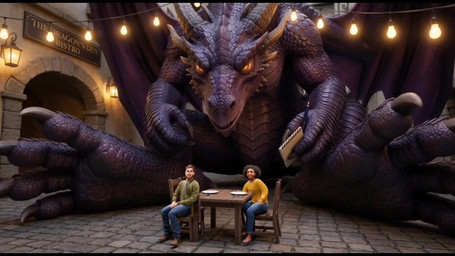 claws feet female feral foot_focus golden_eyes group horn mythology paws purple_body restaurant size_difference smothering sora_2 trio shut_up_and_watch dragon mythological_creature mythological_scalie scalie animated hi_res long_playtime webm