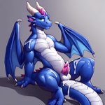 absurd_res after_orgasm anthro balls blue_body blue_scales bodily_fluids clawsome cum cum_drip cum_on_shoulder cum_on_tail dragon dripping genital_fluids genitals green_eyes hi_res looking_at_viewer male penis ridged_penis scales simple_background sitting_on_ground small_penis solo solo_focus spread_legs spreading wings