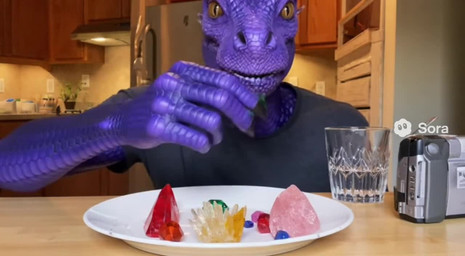 5_fingers ambiguous_gender anthro brown_eyes claws clothing container crystal cup dialogue eating fingers furniture glass glass_container glass_cup glistening glistening_body glistening_scales humor inside plate pupils purple_body purple_scales scales slit_pupils solo table talking_to_viewer topwear supermarioraymond1 scalie animated short_playtime webm