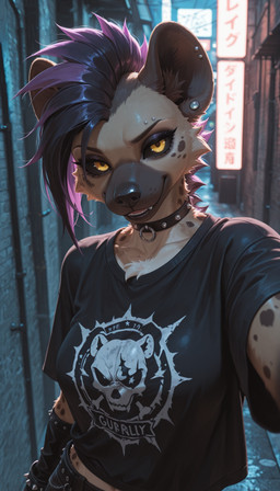 alley anthro belt black_clothing black_hair black_sclera black_shirt black_topwear breasts brown_body brown_fur chain choker city city_background clothed clothing ear_piercing eyebrow_piercing facial_piercing female fully_clothed fur hair jewelry looking_at_viewer makeup medium_breasts mohawk multicolored_body multicolored_fur multicolored_hair necklace night outside piercing punk punk_girl punk_hair purple_hair selfie shirt smile snout solo spiked_choker spikes spots spotted_body spotted_fur standing topwear two_tone_body two_tone_fur two_tone_hair yellow_eyes aellios violet_(aellios) hyaenid mammal spotted_hyena 2025 hi_res