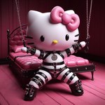 accessory bdsm bed bedroom bowtie chain chained clothed clothing domestic_cat felid feline felis female footwear furniture hello_kitty_(character) latex mammal partially_clothed pillow rubber rubber_clothing rubber_suit shoes solo straps