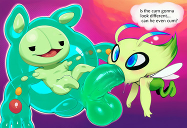 antennae_(anatomy) anthro balls big_balls big_penis blue_eyes bodily_fluids dialogue duo erection feet fellatio feral flying genitals green_body green_skin huge_penis insect_wings male male/male male_penetrating narrowed_eyes nude open_mouth oral oral_penetration penetration penile penis purple_background saliva sex simple_background size_difference speech_bubble text vein wings hellsonger nintendo pokemon celebi elemental_creature fairy generation_2_pokemon generation_5_pokemon goo_creature humanoid legendary_pokemon mollusk pokemon_(species) reuniclus english_text