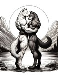 anthro biceps biped black_nose cheek_tuft curved_tail dall-e_3 dark_body dark_fur deltoids detailed_background digitigrade duo embrace eyes_closed facial_tuft feet fluffy fluffy_tail forearm_muscles forest full_moon fur grey_body grey_ears grey_fur hug humanoid_hands lake light light_body light_fur love male male/male monotone_body monotone_fur moon mountain mouth_closed muscular muscular_anthro muscular_arms muscular_legs muscular_male muscular_thighs nature nature_background night nude nude_anthro nude_male outside pecs plant pose prick_ears quads romantic side_view snout standing tree triceps tuft valley water white_body white_ears white_fur zenithwolf canid canine canis mammal werecanid werecanine werecreature werewolf wolf 7:9 detailed digital_drawing_(artwork) digital_media_(artwork) greyscale hi_res lighting monochrome shaded
