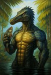 abs anthro athletic athletic_anthro athletic_male biceps fishing jungle male muscular muscular_anthro muscular_male nude partially_submerged pecs solo teeth triceps veiny_biceps birdovo baryonyx dinosaur reptile scalie spinosaurid theropod absurd_res hi_res