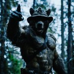 abs anthro atmospheric biceps bunny_brewster clothing forest gesture hat headgear headwear hi_res male mammal pecs plant pointing shirtless shirtless_anthro shirtless_male smokey_bear solo tree ursid