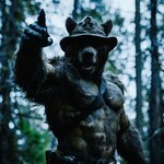 abs anthro atmospheric biceps bunny_brewster clothing forest gesture hat headgear headwear male pecs plant pointing shirtless shirtless_anthro shirtless_male solo tree smokey_bear mammal ursid hi_res