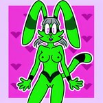 <3 anthro bangs breasts digital_media_(artwork) edit female fur gaytrac3r genitals green_body green_fur grey_hair hair hybrid lagomorph leporid limes_(gaytrac3r) looking_at_viewer mammal markings nipples pigtails pink_background ponydiffusion purple_eyes pussy simple_background solo