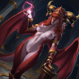 anthro blizzard_entertainment breasts dutch_angle female genitals jewelry looking_at_viewer magic membrane_(anatomy) membranous_wings pinup pose pupils pussy slit_pupils solo tail wings sysns warcraft alexstrasza scalie hi_res