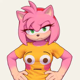 accessory anthro breasts clothing emoji eyelashes female frown fur green_eyes hair_accessory hairband half-closed_eyes hand_on_hip looking_at_viewer medium_breasts narrowed_eyes pink_body pink_fur shirt simple_background solo topwear zaddha sega sonic_the_hedgehog_(series) amy_rose eulipotyphlan hedgehog mammal hi_res