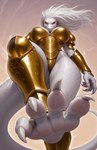 albino anthro armor claws electricity feet female foot_fetish foot_focus gold_(metal) gold_armor hair red_eyes scales sky solo tail white_body white_hair white_scales vermilion888 char'carassilvanath lizard reptile scalie absurd_res hi_res