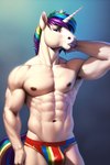 abs anthro biceps black_nipples hair horn male male_focus multicolored_hair multicolored_tail muscular muscular_male nipples pose rainbow_hair rainbow_tail solo unicorn_horn avaru equid equine horse humanoid mammal unicorn hi_res tagme