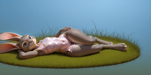4_toes asian_clothing barefoot biped blue_eyes breasts chinese_clothing chinese_dress claws clothed clothing dipstick_ears disney dress east_asian_clothing feet female fur grass grey_body grey_fur hand_behind_head hand_on_hip huge_hips jewelry long_ears looking_at_viewer lying multicolored_body multicolored_ears navel on_back on_grass on_side outside plant pose purple_eyes simple_background small_breasts smile solo teeth thick_thighs toe_claws toes topwear translucent translucent_clothing two_tone_body wide_hips unknown_director zootopia judy_hopps lagomorph leporid mammal rabbit absurd_res hi_res