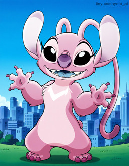4_fingers 4_toes antennae_(anatomy) anthro black_sclera breasts city city_background clawed_hands featureless_breasts featureless_chest feet female fingers fur long_antennae markings pink_body pink_fur solo toes white_markings young_anthro young_female disney lilo_and_stitch angel_(lilo_and_stitch) hi_res