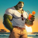 2024 4_fingers alcohol anthro bedroom_eyes belt belt_buckle bendy_straw beverage biceps big_biceps big_deltoids big_forearm_muscles big_muscles big_pecs big_trapezius big_triceps biped black_pupils blue_sky bottomwear broad_shoulders brown_belt closed_smile clothed clothed_anthro clothed_male clothing cocktail container countershade_arms countershade_face countershade_neck countershade_scales countershade_torso countershading cup dall-e_3 day deltoids detailed_background drinking_glass drinking_straw eyewear fingernails fingers food forearm_muscles front_view fruit glass glass_container glass_cup green_body green_eyes green_scales half-closed_eyes holding_glass holding_object huge_biceps huge_deltoids huge_forearm_muscles huge_muscles huge_pecs huge_trapezius huge_triceps humanoid_hands ice ice_cube light looking_aside looking_at_viewer male manly mature_anthro mature_male monotone_bottomwear monotone_clothing monotone_pants monotone_shirt monotone_shorts monotone_t-shirt monotone_topwear mouth_closed multicolored_body multicolored_scales muscular muscular_anthro muscular_arms muscular_male nails narrowed_eyes naughty_face orange_(fruit) orange_sky outside pants pecs plant pose pupils scales sea seaside seductive shirt shorts sky smile smiling_at_viewer smirk smirking_at_viewer solo standing straw sun sunglasses sunlight sunset t-shirt tan_bottomwear tan_clothing tan_pants tan_shorts thick_neck topwear trapezius triceps two_tone_body two_tone_scales water wave white_body white_clothing white_countershading white_scales white_shirt white_t-shirt white_topwear yellow_sky zenithwolf reptile scalie sea_turtle turtle 1:1 detailed digital_drawing_(artwork) digital_media_(artwork) hi_res lighting portrait shaded tag_panic three-quarter_portrait warm_colors