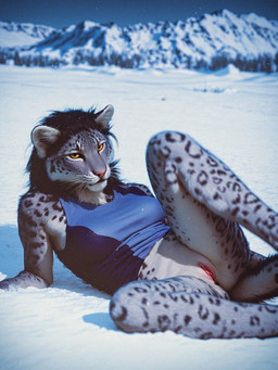 anthro biped black_hair black_spots blue_clothing blue_topwear bottomless bottomless_anthro bottomless_female breasts butt cheek_tuft clitoris clothed clothing day detailed_background facial_tuft female fur genitals grey_body grey_fur hair leopard_spots looking_at_viewer lying markings mountain multicolored_body nude on_back on_ground on_side outdoor_nudity outside partially_clothed photorealism pink_nose plant presenting presenting_pussy pussy raised_leg realistic shirt sky snow solo spots spotted_body spotted_fur spread_legs spreading tail tank_top topwear tree tuft whisker_spots whiskers white_body white_fur winter yellow_eyes unknown_director felid mammal pantherine snow_leopard hi_res