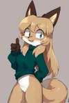 anthro clothed clothing female front_view fur genitals green_clothing green_eyes hair hand_behind_back hands open_mouth pussy simple_background solo white_body white_fur yellow_body yellow_fur henriqueplytz averi_(fiddleafox) canid canine fox mammal absurd_res hi_res