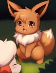 ambiguous_gender blush canid canine cheek_tuft duo eevee embarrassed eyes_closed facial_tuft feral generation_1_pokemon glistening glistening_eyes hi_res mammal nintendo open_mouth orange_eyes pokemon pokemon_(species) simple_background tuft young yumisilva