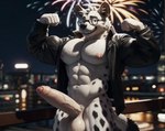 2024 abs anthro balls bedroom_eyes big_pecs big_penis black_and_white_fur bokeh canid canine city city_background clothed clothing code_0_0 cody_(code_0_0) depth_of_field eyewear fireworks flexing foreskin fur genitals glasses grin hi_res hyaenid jacket male mammal muscular muscular_male narrowed_eyes open_clothing open_jacket open_topwear partially_clothed pecs penis rooftop seductive smile solo spots spotted_body spotted_fur standing topwear