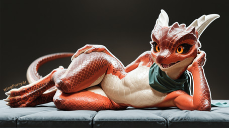 ambiguous_gender anthro black_sclera claws digitigrade elbow_rest flat_chested green_scarf hand_on_face hand_on_hip holding_head horn lying lying_on_side multicolored_body on_side open_mouth orange_eyes outline red_body red_scales relaxed scales scarf simple_background small_waist solo tail teeth teeth_showing two_tone_body white_body white_claws white_horn white_outline white_scales wide_hips kingfurryai kobold reptile scalie hi_res cousins_(lore)