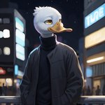 absurd_res anatid anseriform anthro avian beak bird black_clothing city city_background clothing coat director_whatyshame duck feathers hi_res male night solo sweater topwear turtleneck white_body white_feathers yellow_eyes