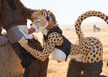 all_fours anthro balls belt big_breasts bodily_fluids bottomwear bottomwear_down breasts brown_body brown_fur butt cheek_tuft clothed clothing duo exposed_breasts eyes_closed faceless_character faceless_male facial_tuft fellatio female female_focus fur genitals grey_body grey_fur hand_on_head hoodie jacket male male/female nipples oral oral_penetration outside pants pants_down partially_clothed penetration penile penis raised_tail saliva savanna sex sky solo_focus standing tongue tongue_out topwear tremble_spikes tuft undressing_another white_body white_fur yellow_body yellow_fur xfinity background_character cheetah felid feline mammal 2025 hi_res