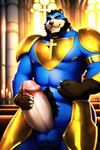 anthro armor balls big_penis bodily_fluids church genital_fluids genitals hi_res huge_penis humanoid hyper hyper_genitalia hyper_penis male mammal pecs penis precum pup_tobey religion solo ursid