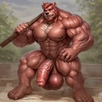 5_toes abs anthro balls beard biceps big_balls big_muscles chest_tuft claws day facial_hair fangs feet fur genitals hair half-erect huge_balls huge_muscles humanoid_genitalia humanoid_penis looking_at_viewer male melee_weapon muscular muscular_anthro muscular_male nipples nude outdoor_nudity outdoors outside pecs penis plant plantigrade pubes red_body red_eyes red_fur short_hair solo standing sword thick_thighs toes tree tuft vein veiny_balls veiny_muscles veiny_penis weapon vanzilen the_boy_and_the_beast kumatetsu_(character) canid mammal ursid full-length_portrait hi_res portrait