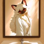 anthro bathrobe bathroom breasts cleavage clothed clothing female fluffy fur hair long_hair mirror mirror_reflection red_eyes reflection robe side_boob sink slim small_breasts smile solo tuft white_body white_fur white_hair seli-32 chai_(seli-32) domestic_cat felid feline felis mammal siamese hi_res