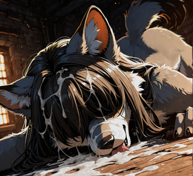 ambiguous_gender anthro ass_up black_claws black_nose bodily_fluids brown_body brown_fur brown_hair bukkake claws cum cum_in_hair cum_on_body cum_on_face cum_on_ground excessive_cum excessive_genital_fluids fluffy_fur fur genital_fluids hair hair_over_eyes inner_ear_fluff licking_cum long_hair on_ground solo tuft white_body white_fur rueky canid canine mammal hi_res