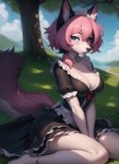 anklet anthro blue_eyes blush breasts choker cleavage clothed clothing female field fur grass hair hands_between_legs jewelry maid_uniform medium_breasts necklace outdoors parted_lips pink_body pink_fur pink_hair plant shadow sitting_on_ground solo tree uniform ayo_keito canid canine canis mammal wolf absurd_res hi_res