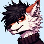 anthro black_nose canid clothed clothing digital_media_(artwork) ear_piercing fangs fur headshot_portrait mammal one_eye_obstructed orange_body piercing pixel_(artwork) portrait red_eyes soaralan25 solo white_body white_fur