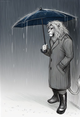 5_fingers abstract_background anthro boots clothed clothed_male clothing coat fingers footwear fully_clothed gloves hand_in_pocket handwear holding_object holding_umbrella male mane pockets raining solo standing tail tail_tuft topwear tuft umbrella whiskers white_clothing white_gloves white_handwear sawmill felid lion mammal pantherine full-length_portrait hi_res novelai portrait signature sketch spot_color three-quarter_portrait